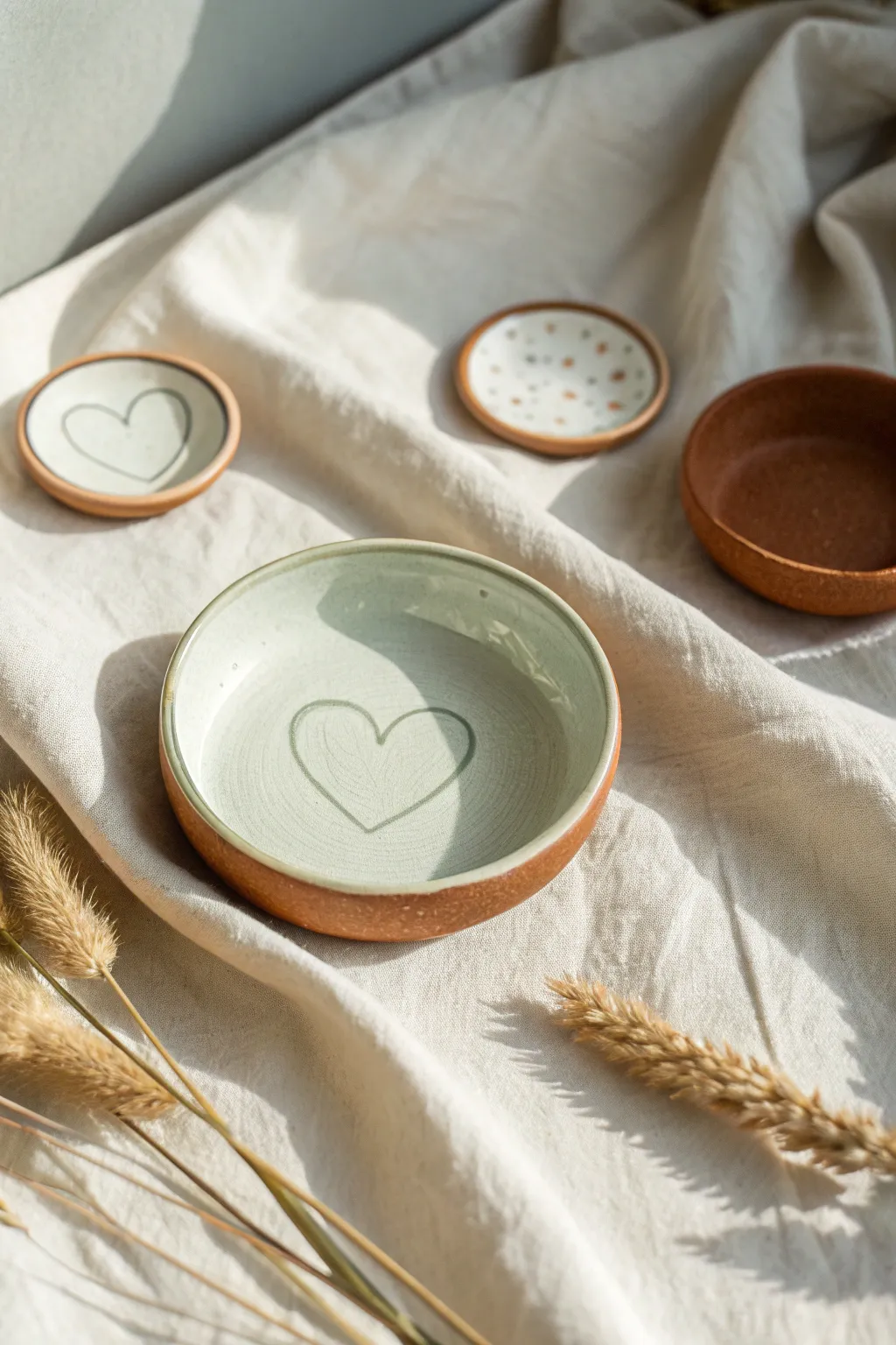 Minimal air-dry clay trinket dishes in a clean flat lay, soft boho neutrals and crisp contrast
