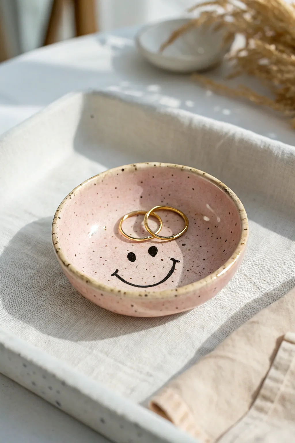 Pastel smiley trinket dish to keep rings and pins tidy in a calm minimalist space.