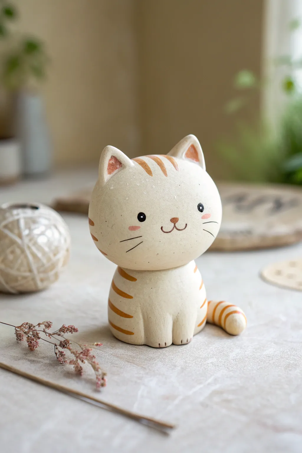 Palm-sized chibi clay cat with simple dot eyes, etched whiskers, and a sweet striped tail.