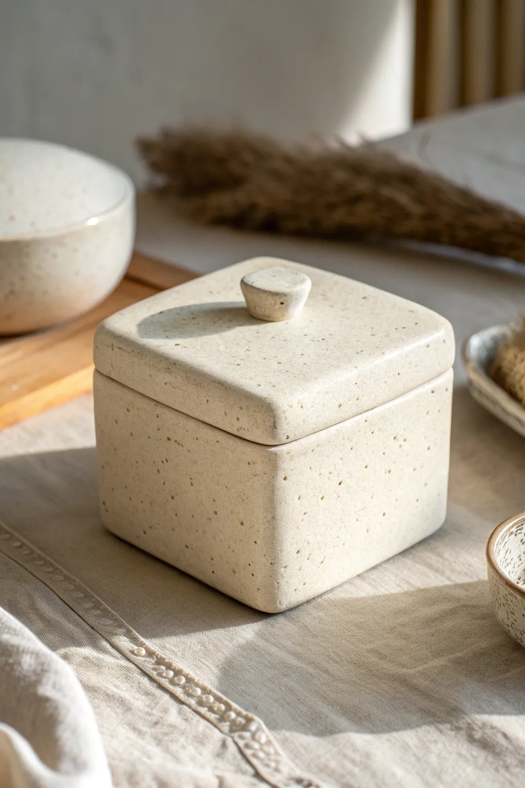 Classic clay cube lidded box with softly rounded edges, minimalist and beautifully handmade.