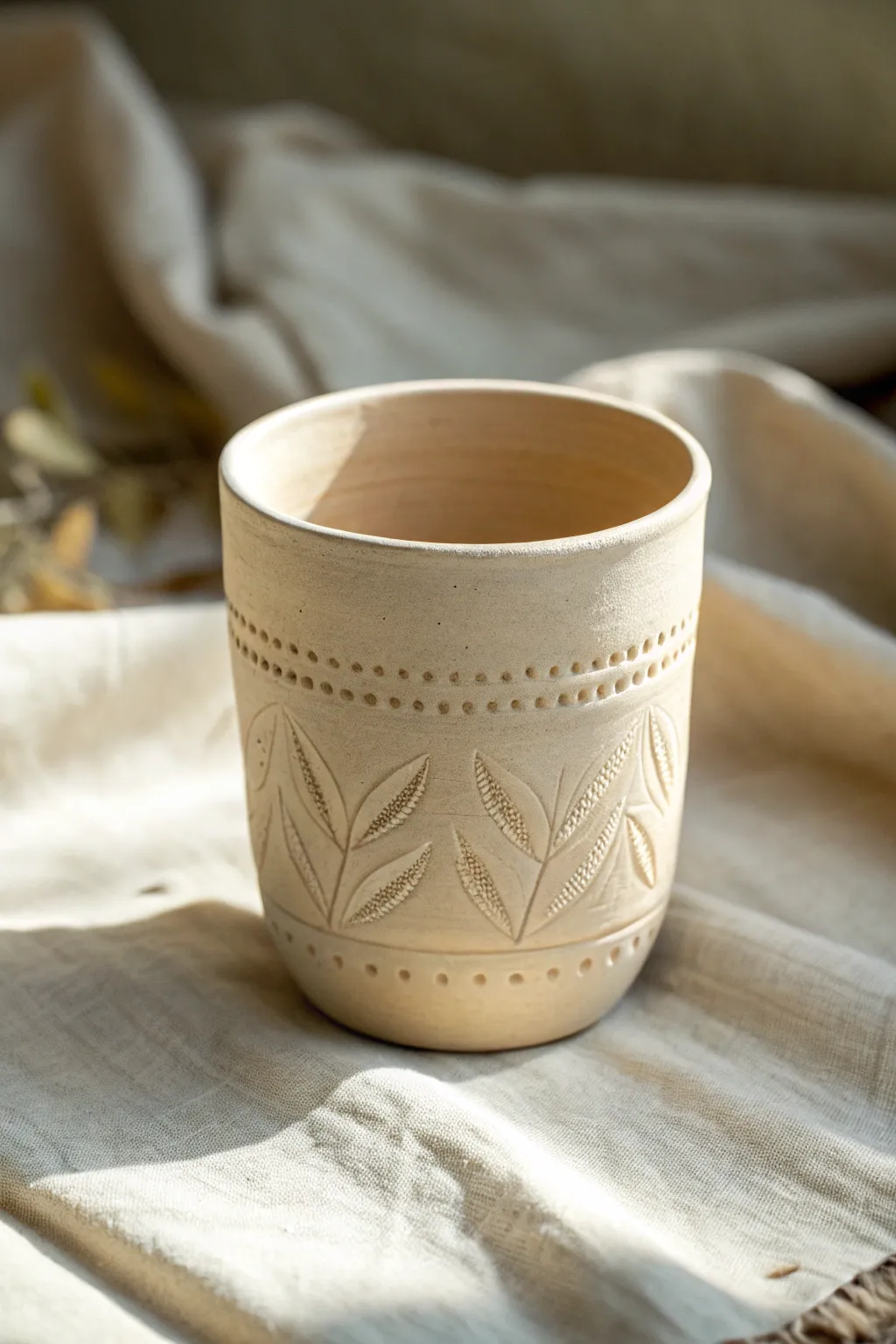 Minimal matte clay cup with a bold stamped texture band for an easy classic handmade look