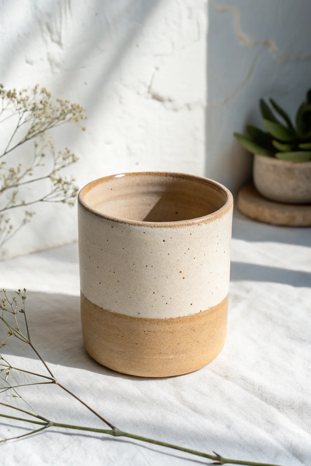 Classic slab-built clay cup with chunky rim, satin glaze, minimalist Scandinavian-boho styling.