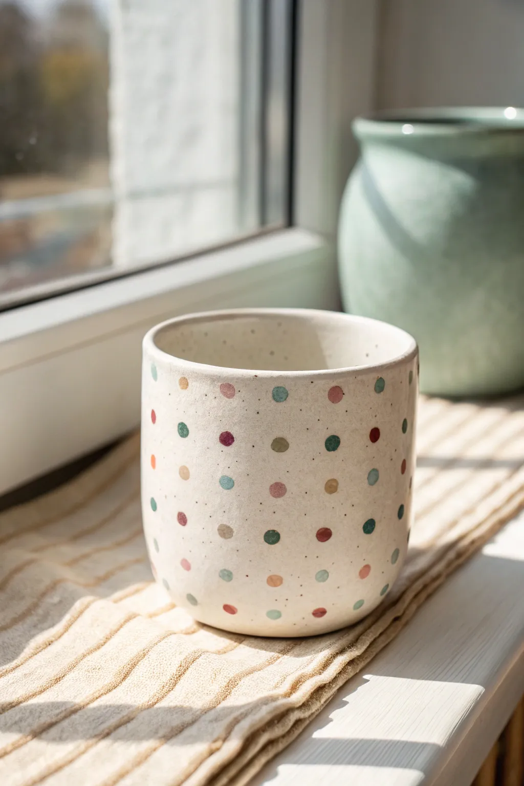 Classic polka dot clay cup in soft daylight, minimalist and cheerful for easy DIY inspiration.