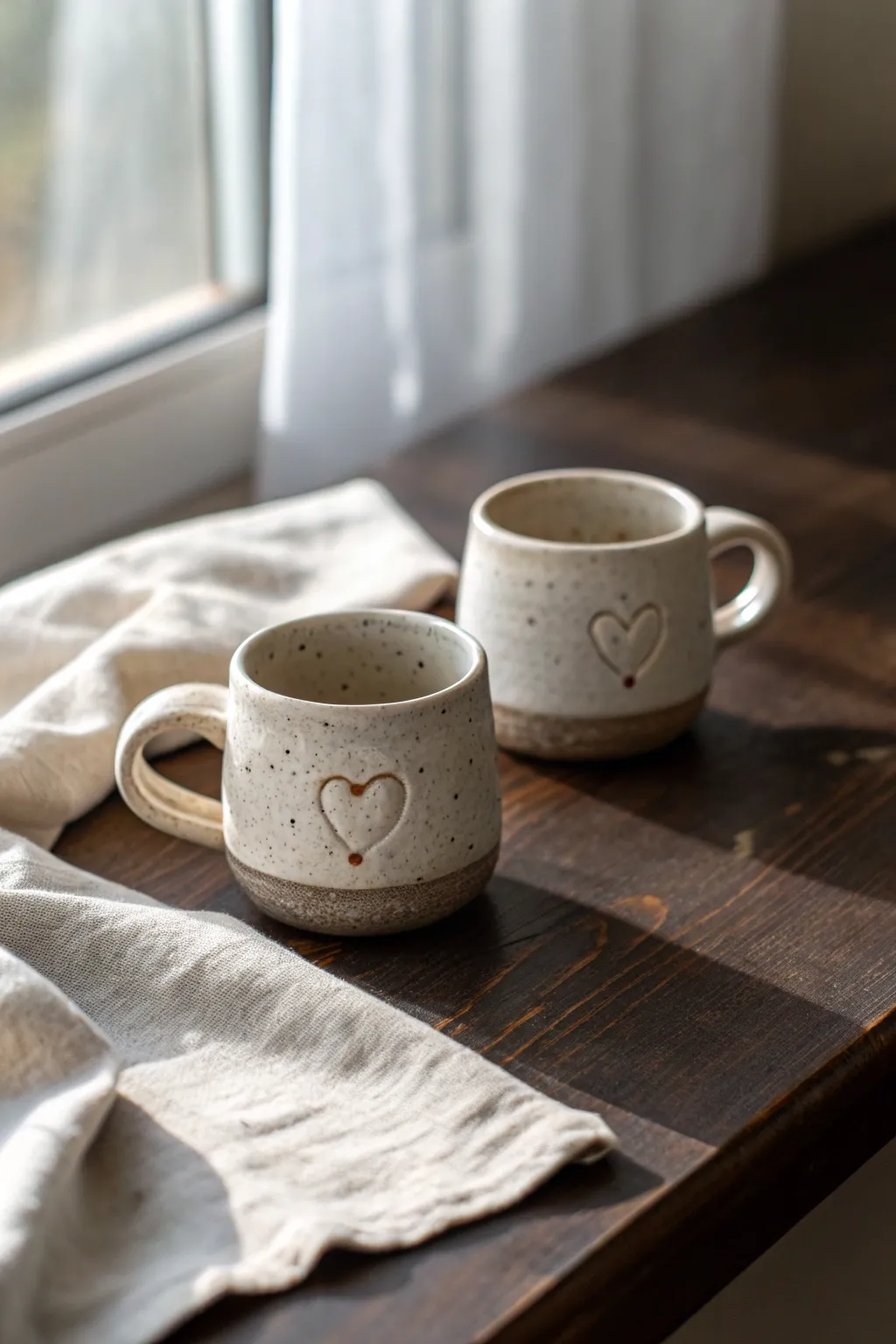 Matching mini clay mugs with sweet heart details, perfect for a cozy couples pottery date night.