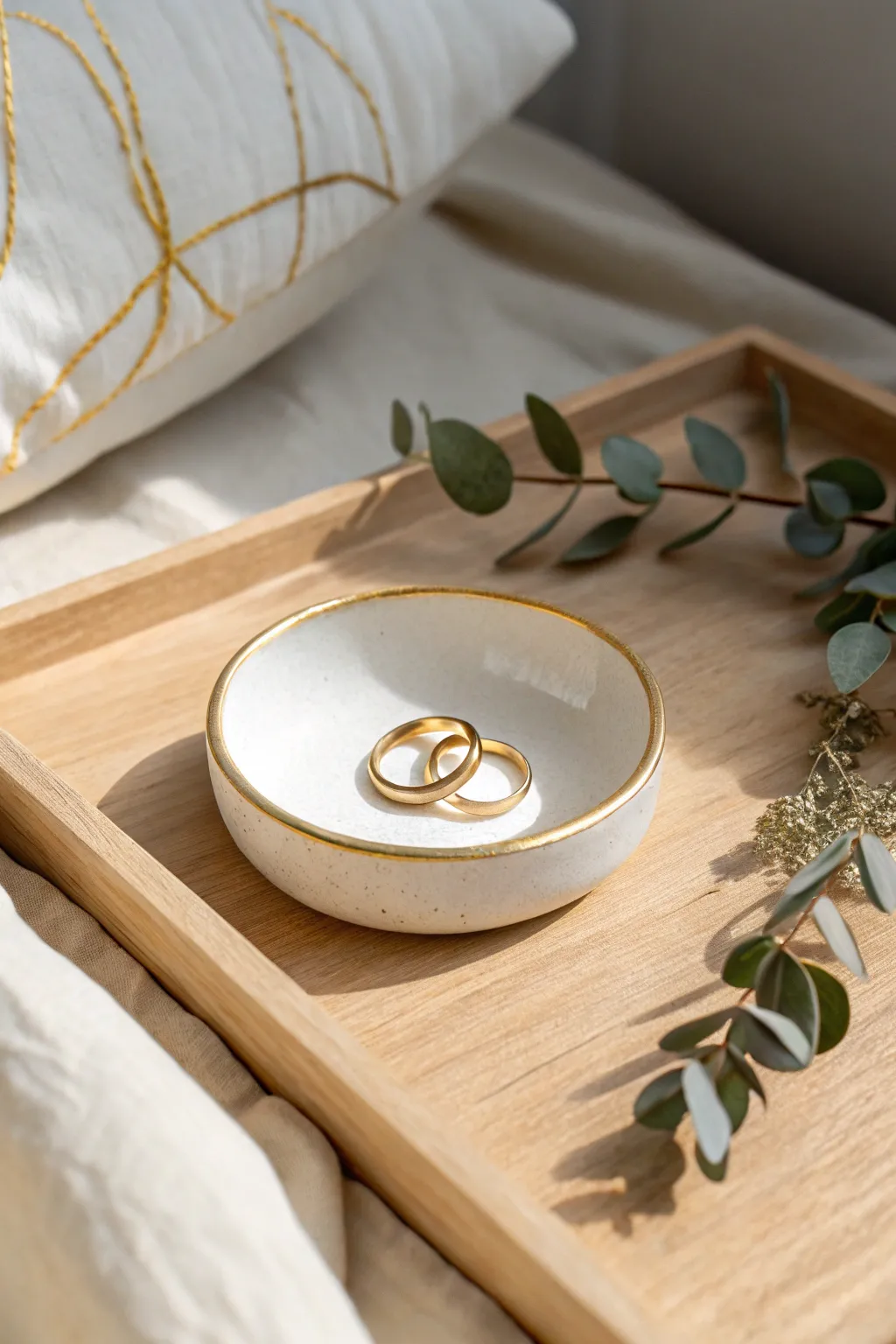 Minimal DIY ring dish with a soft matte finish and a delicate gold rim, styled simply.