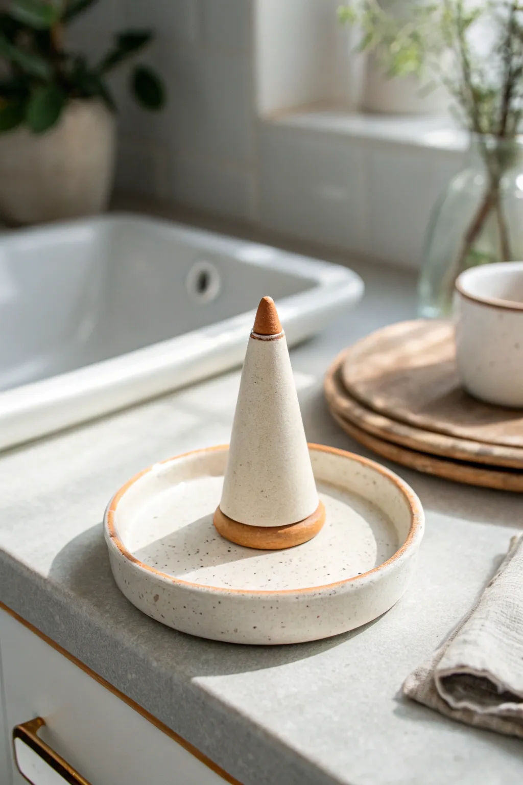 Minimalist clay ring cone with a painted tip, perfect for keeping jewelry tidy and beautiful.