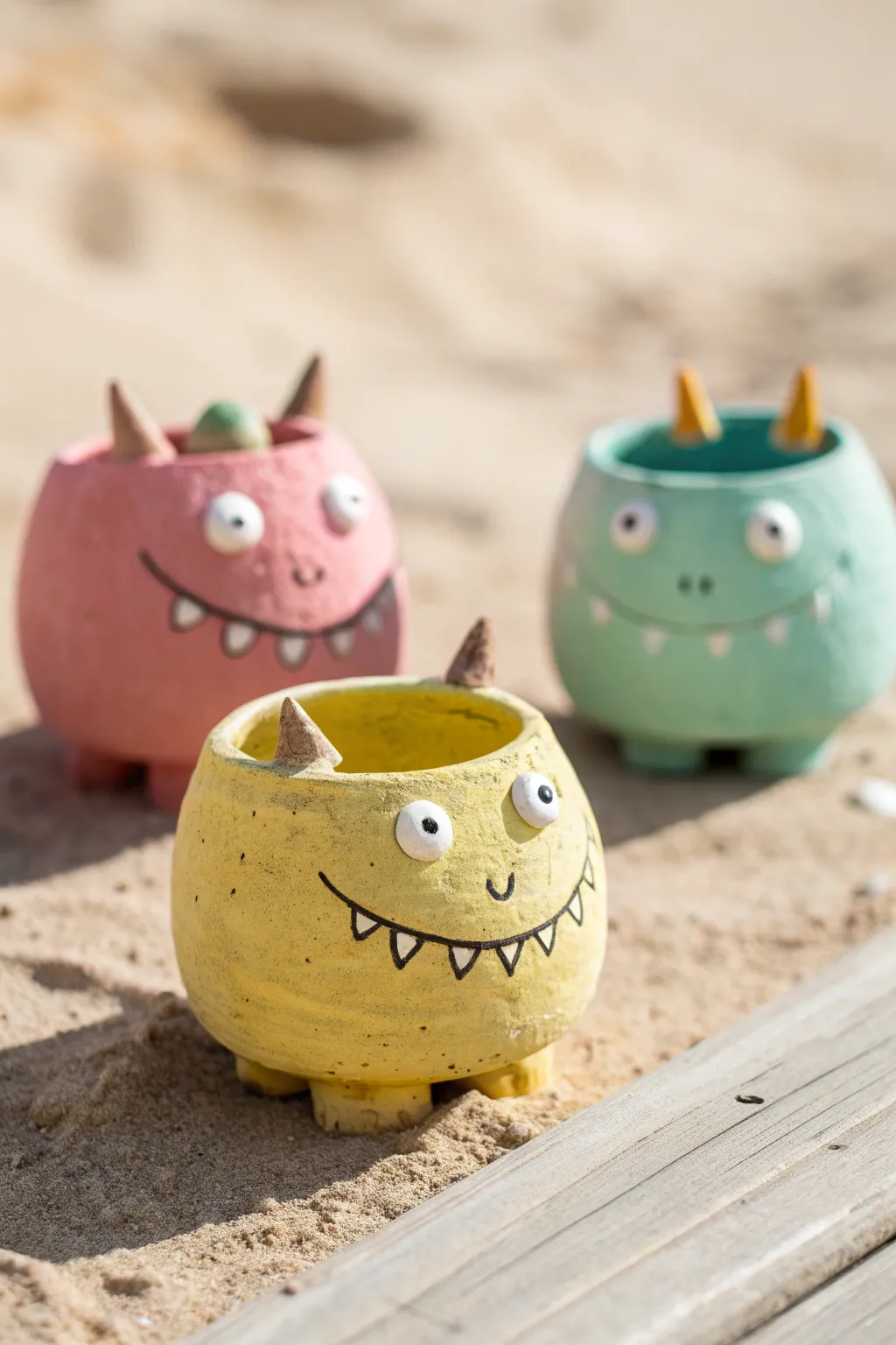 Bright pinch pot monster jars with sweet smiles, ready to guard kids tiny treasures.