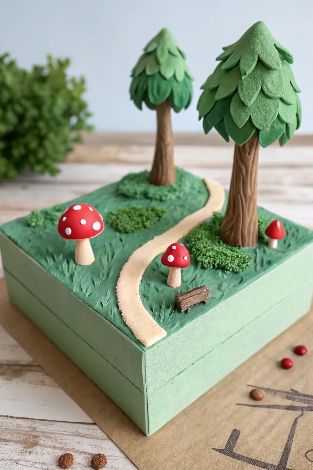 Classic shoebox forest diorama in clay with winding path, simple trees, and tiny mushrooms.