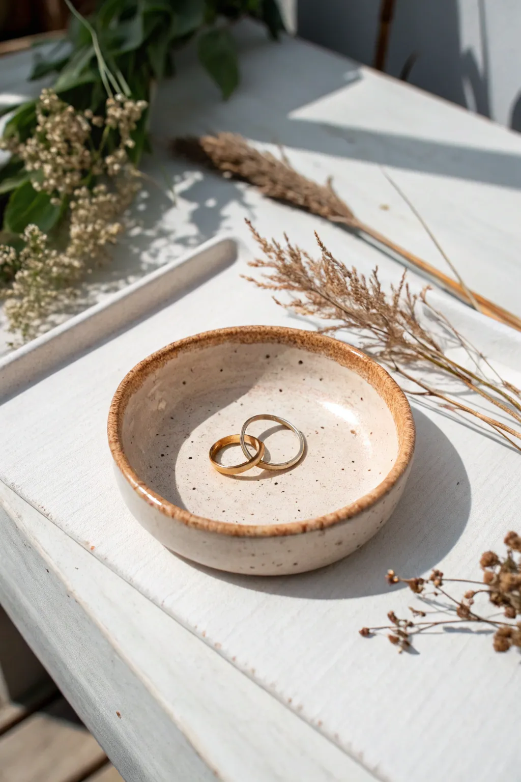 Classic round trinket dish in a warm neutral glaze, styled with rings and tiny studs.