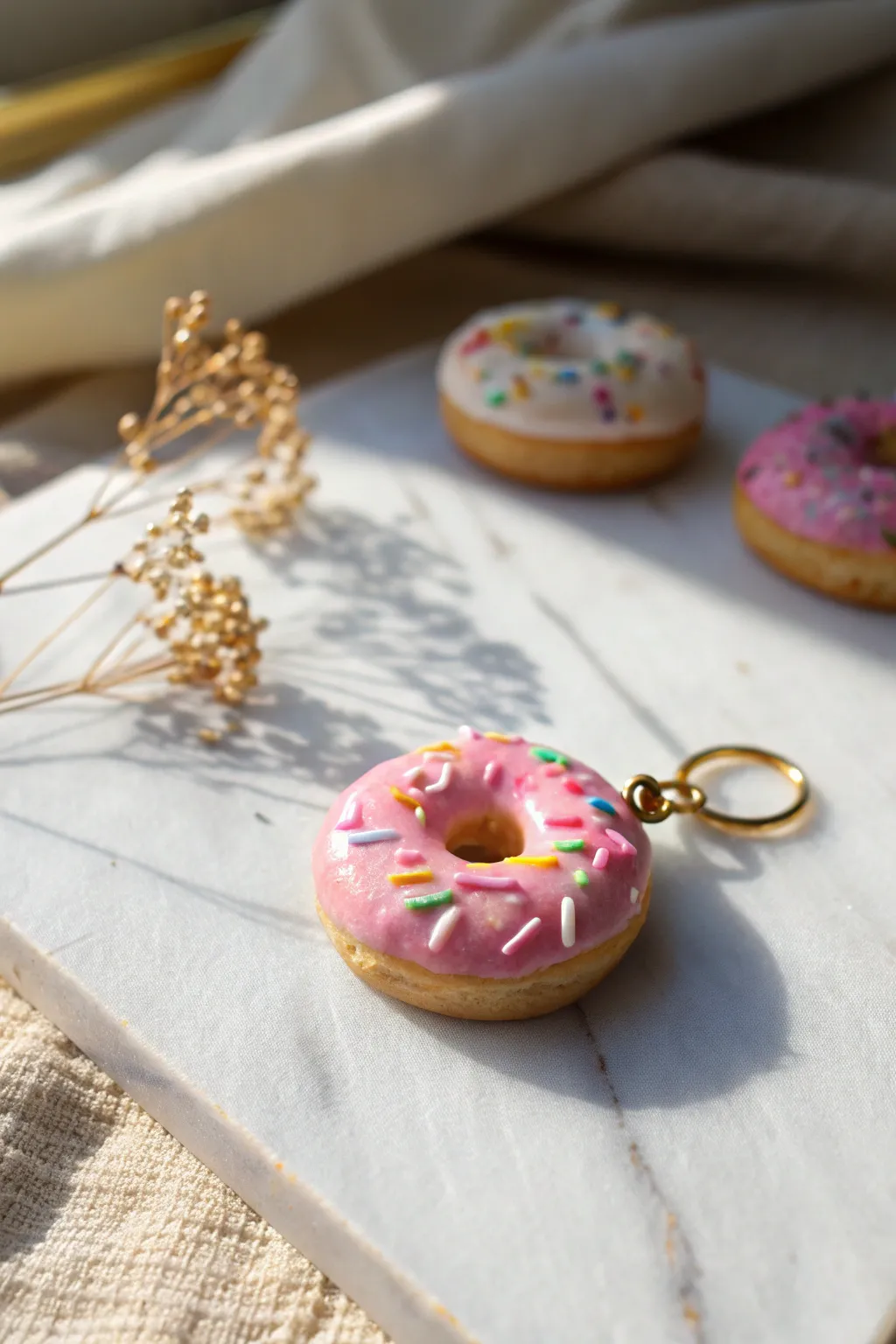 Classic sprinkle clay donut charm with glossy icing and rainbow sprinkles, minimalist styling.