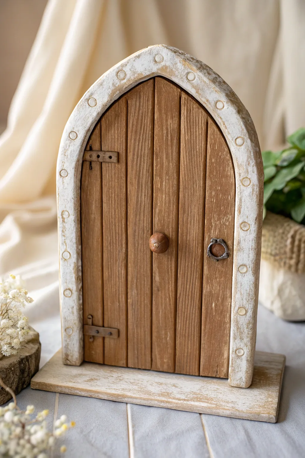 Classic faux wood plank clay fairy door with warm brown tones and simple rustic details