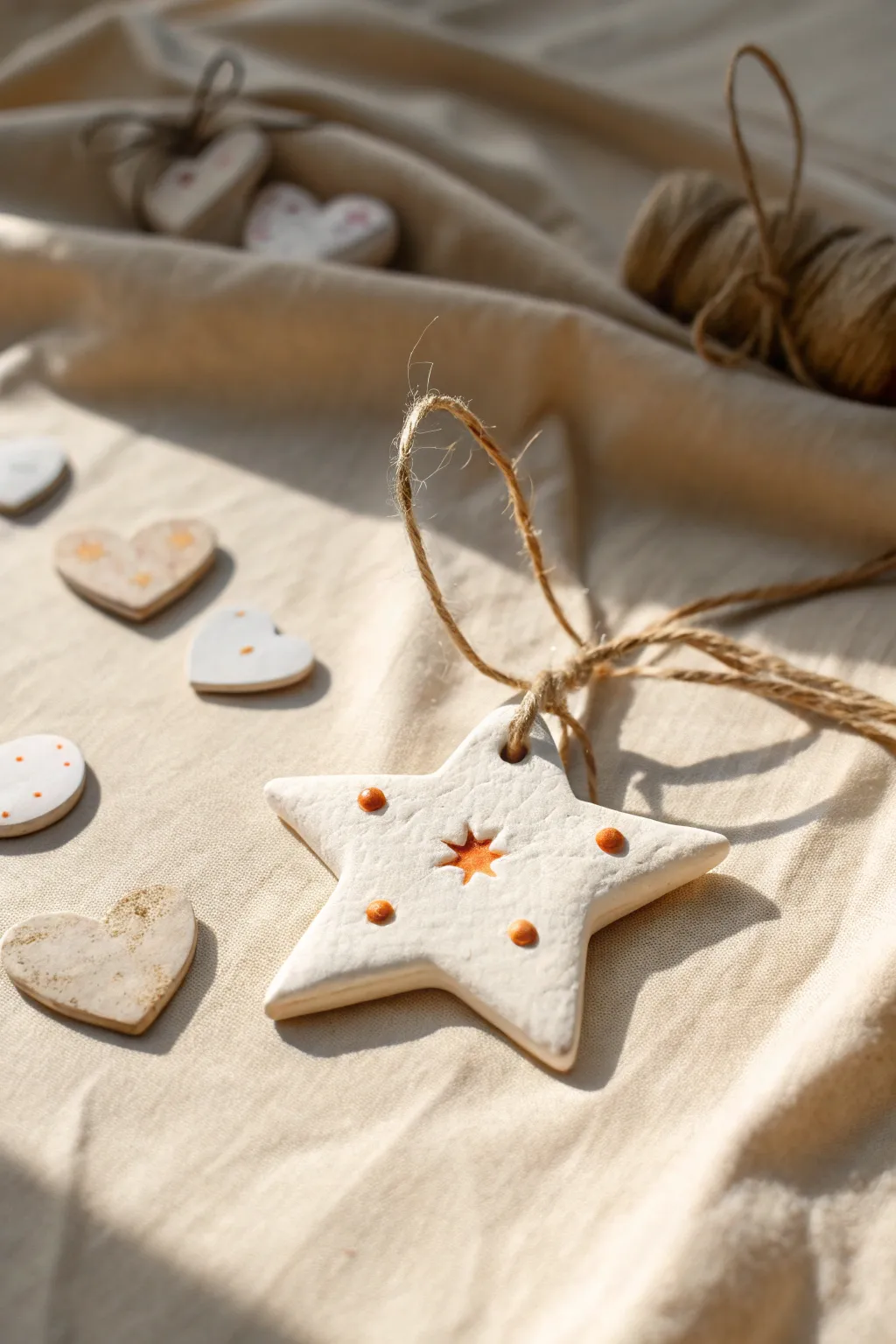 Simple cookie-cutter clay dough ornaments in soft neutrals, ready to hang and gift.