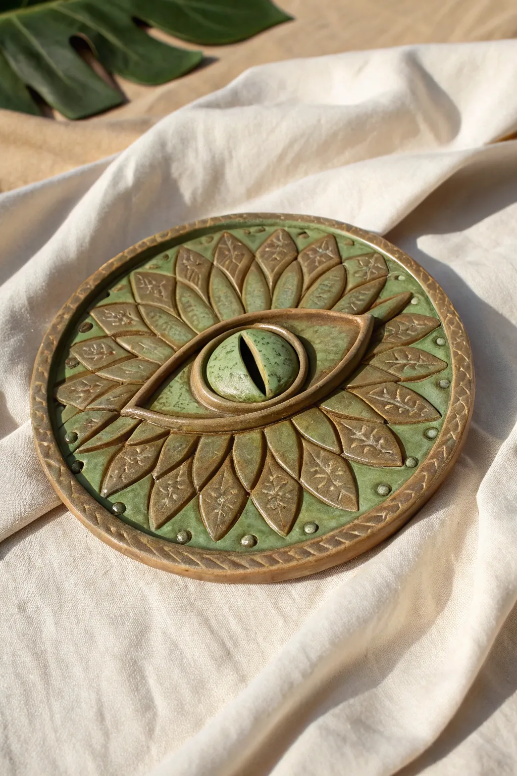 Minimal almond dragon eye plaque with stamped scales in earthy greens, calm Nordic boho mood.