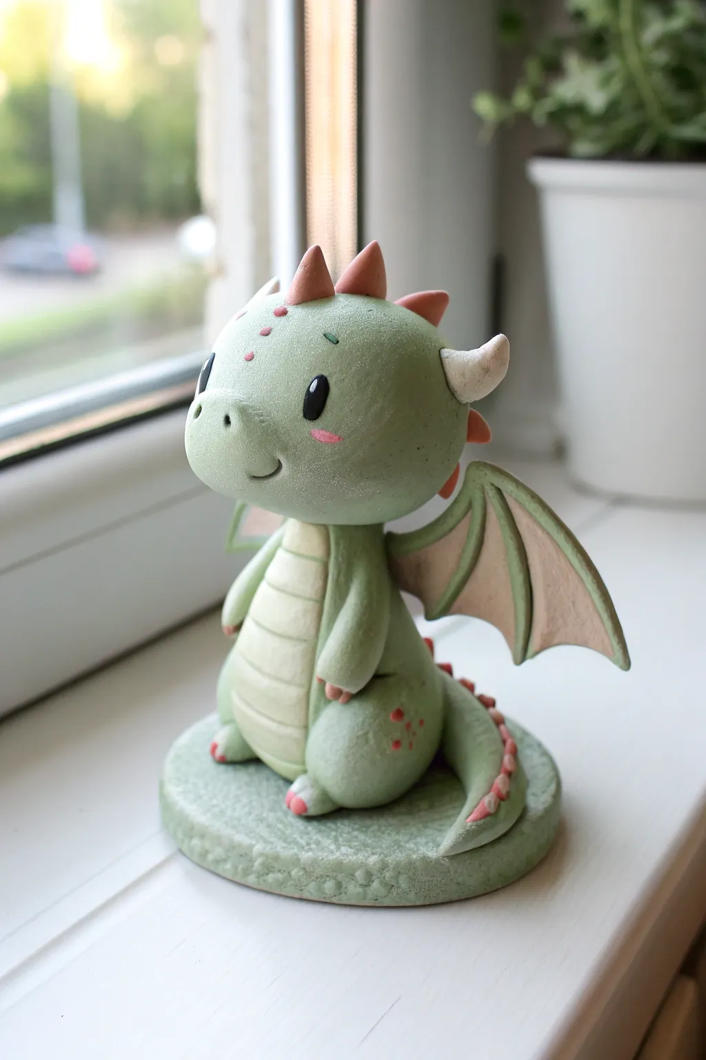 Palm-sized chibi clay dragon with sweet minimal details, styled for cozy Scandinavian boho decor.