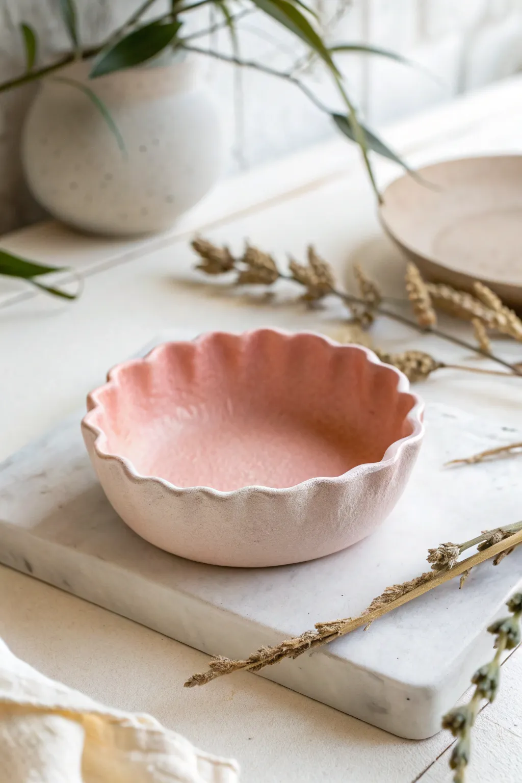 Soft pastel pinch pot trinket dish with a wavy rim, minimalist styling, and cozy handmade charm