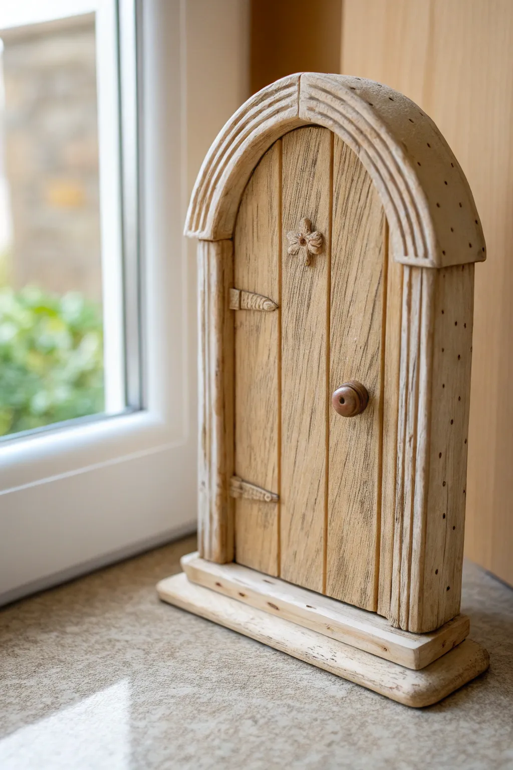 Classic faux wood plank clay fairy door with warm weathered finish, minimal and boho calm