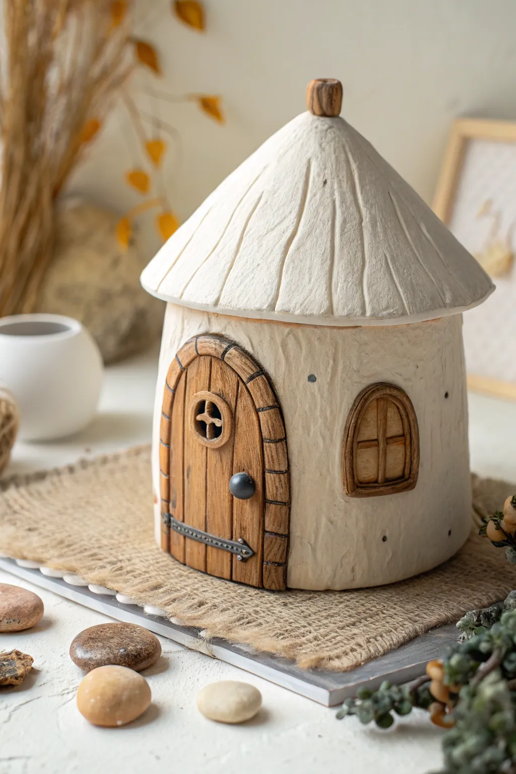 Classic clay fairy cottage with wood-grain door and simple stone path, soft Nordic calm.