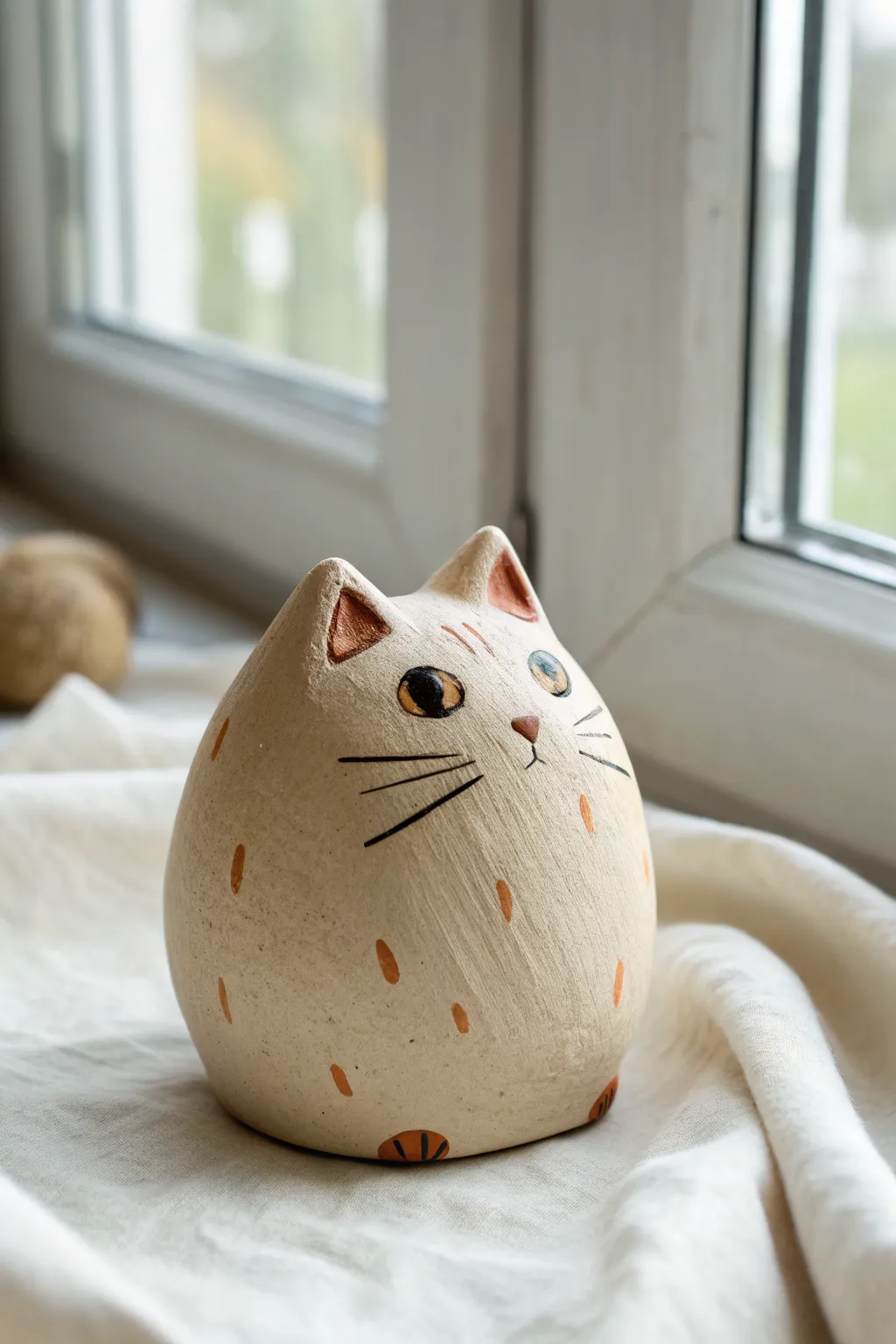 A chubby little clay cat with big eyes and a curled tail, perfect for an easy kids project.
