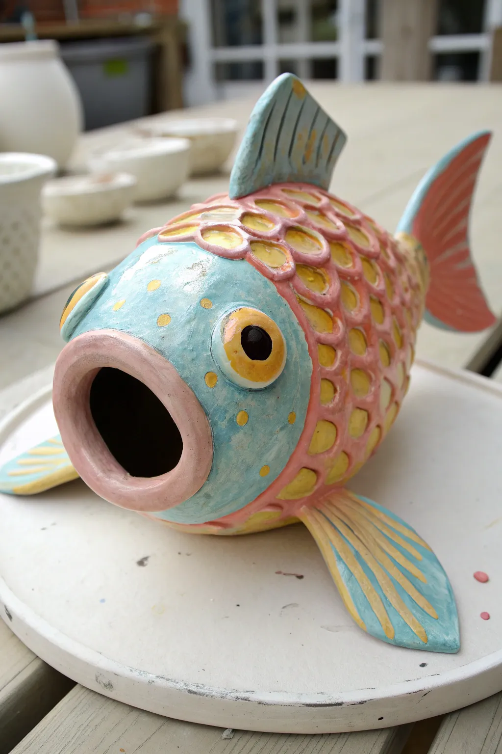Sweet pinch-pot fish with an open mouth and big eyes, a cheerful clay project for beginners.