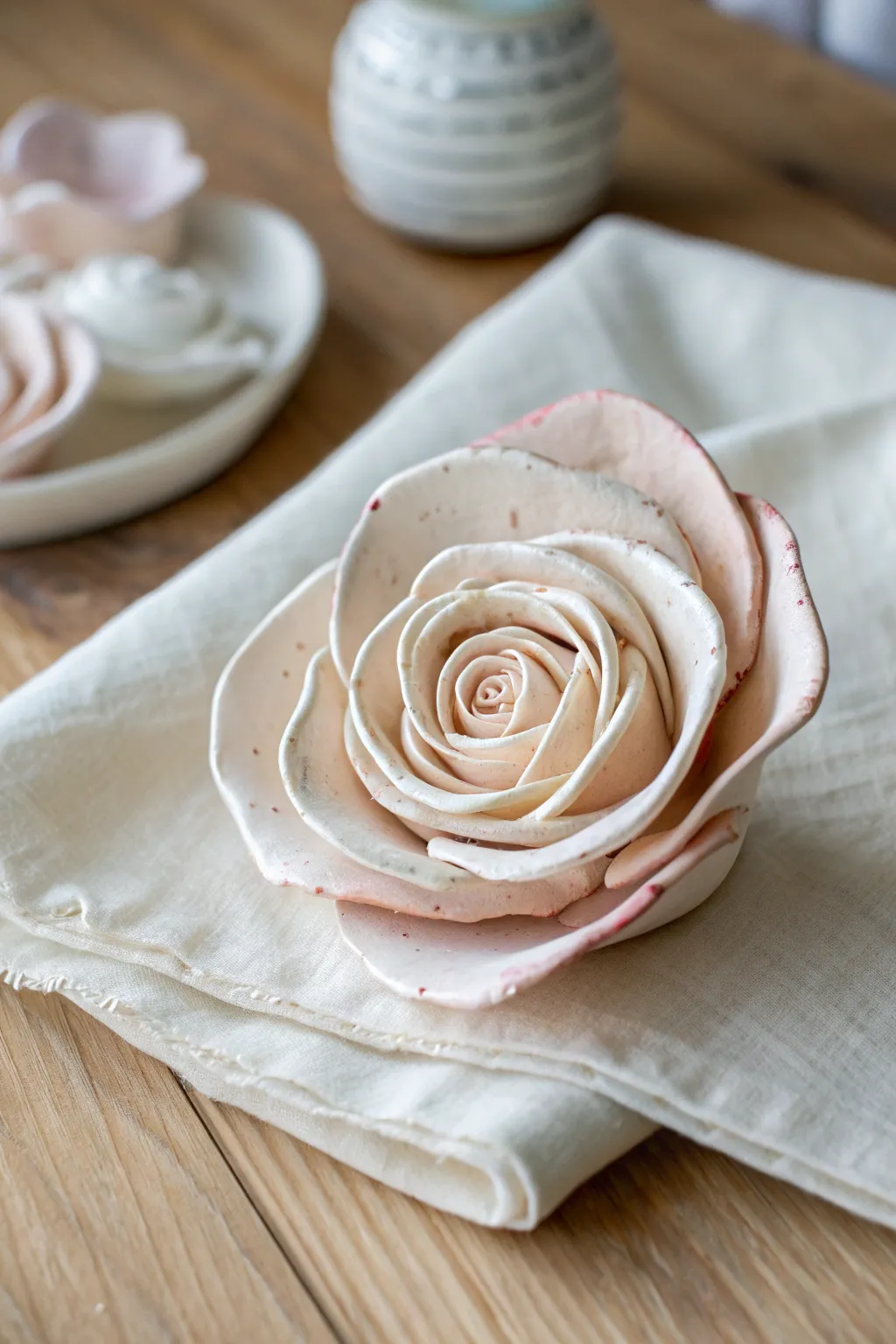 Classic spiral clay rose in soft blush tones, minimal styling and natural light for gentle contrast.