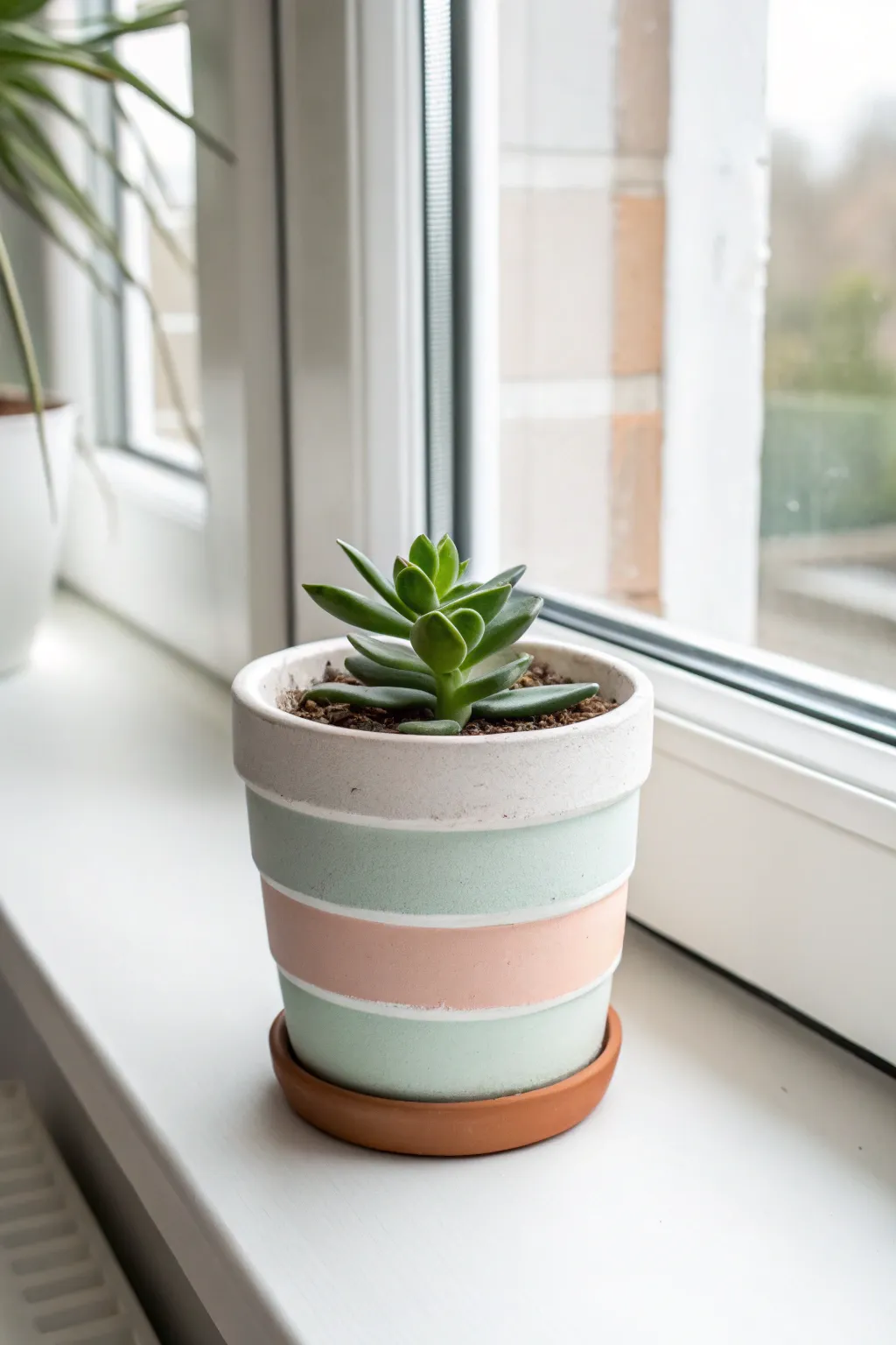Classic terracotta pot with crisp painted stripes and a simple succulent for a bright windowsill look.