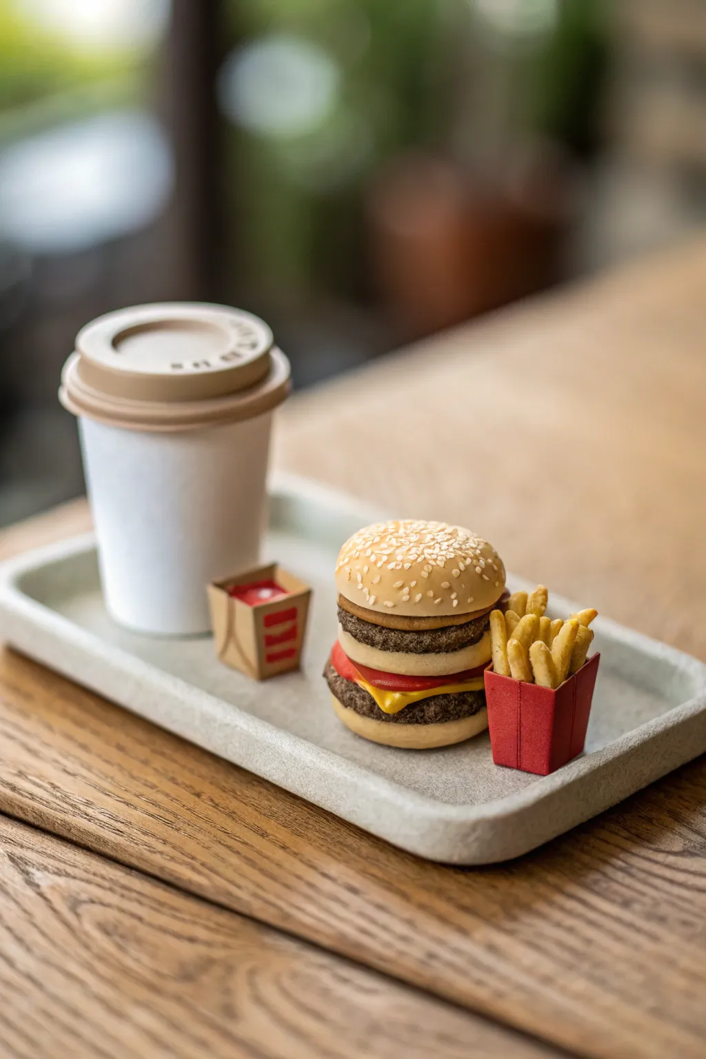 Classic mini clay burger combo on a tiny tray, bright diner vibes with clean Scandinavian calm.