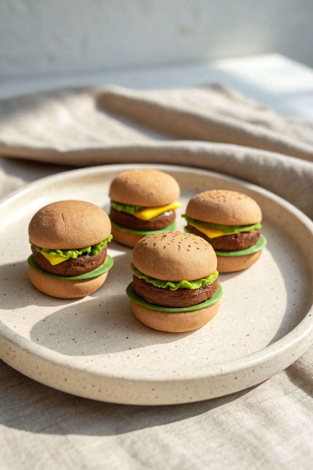 Cute clay mini burger stacks on a simple plate, perfect playful food ideas for kids to craft.
