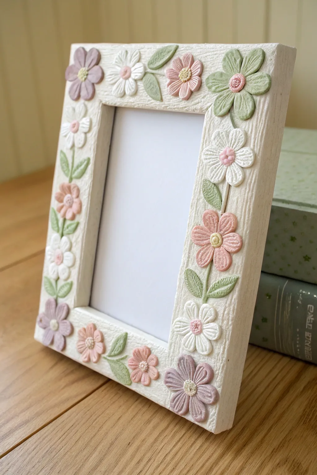 Simple clay daisy border adds a soft pastel floral touch to a minimalist frame