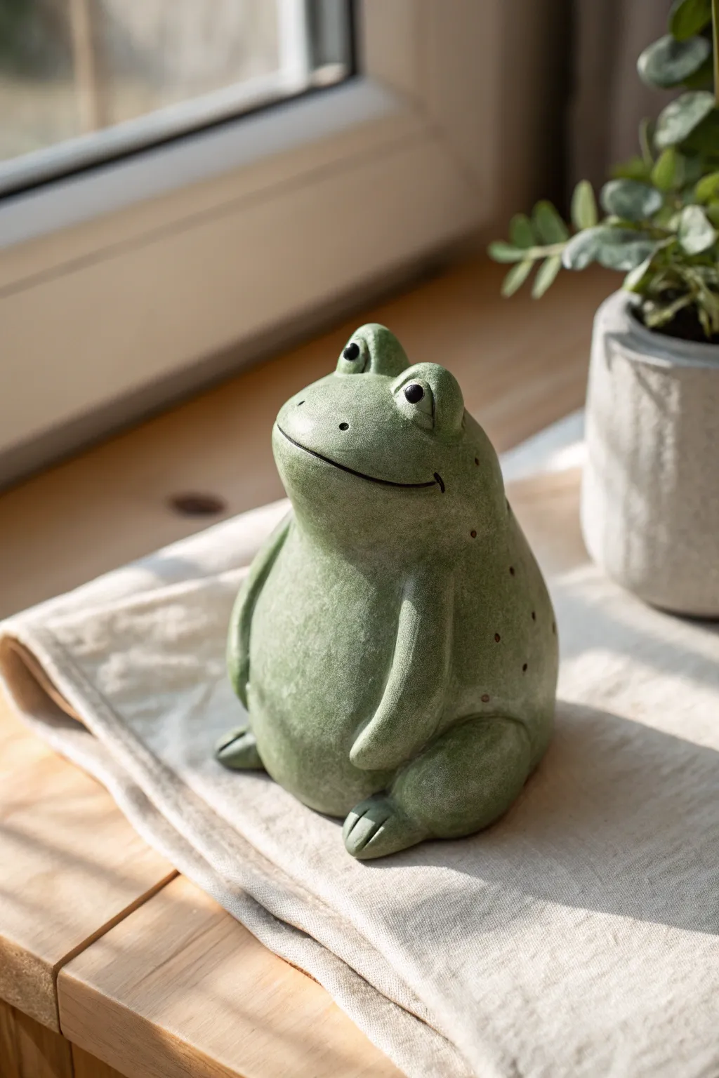 Classic chubby clay frog in matte green, sweet and simple with cozy Scandinavian boho vibes.