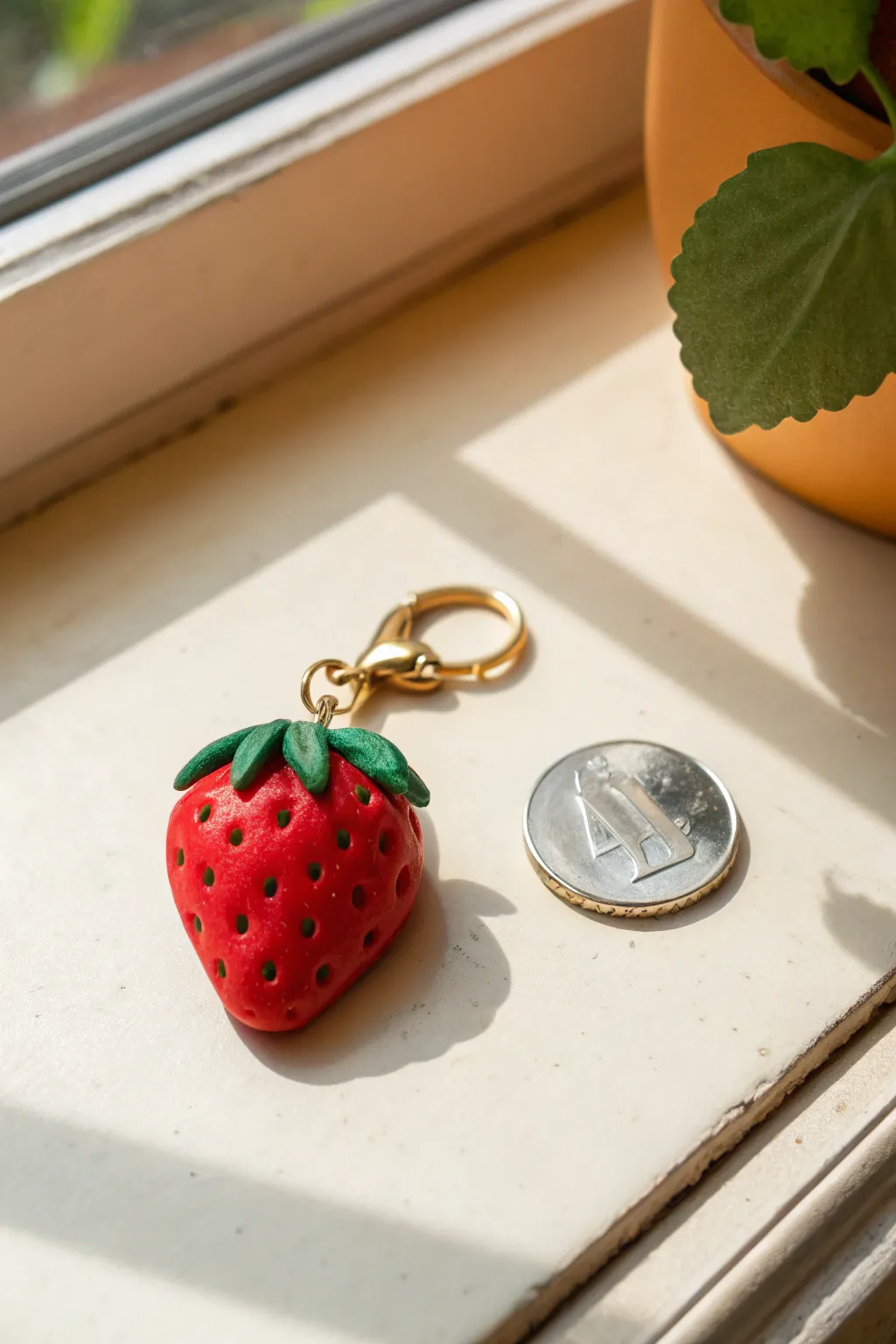 Bright red strawberry clay charm with seed texture, simple green top, coin for scale.