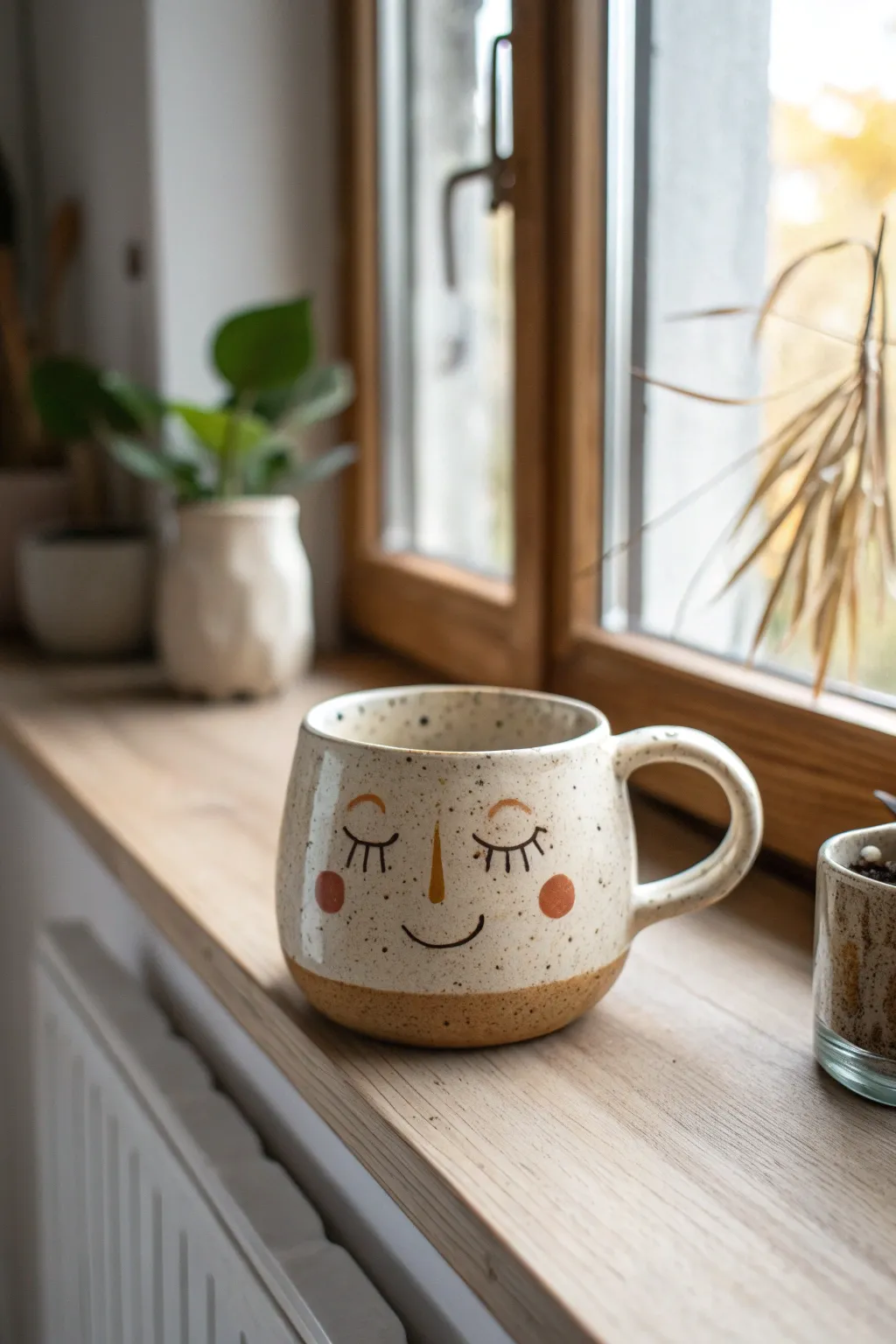 Cozy character mug with a bold handle, handmade charm meets minimalist Scandinavian shelf styling.