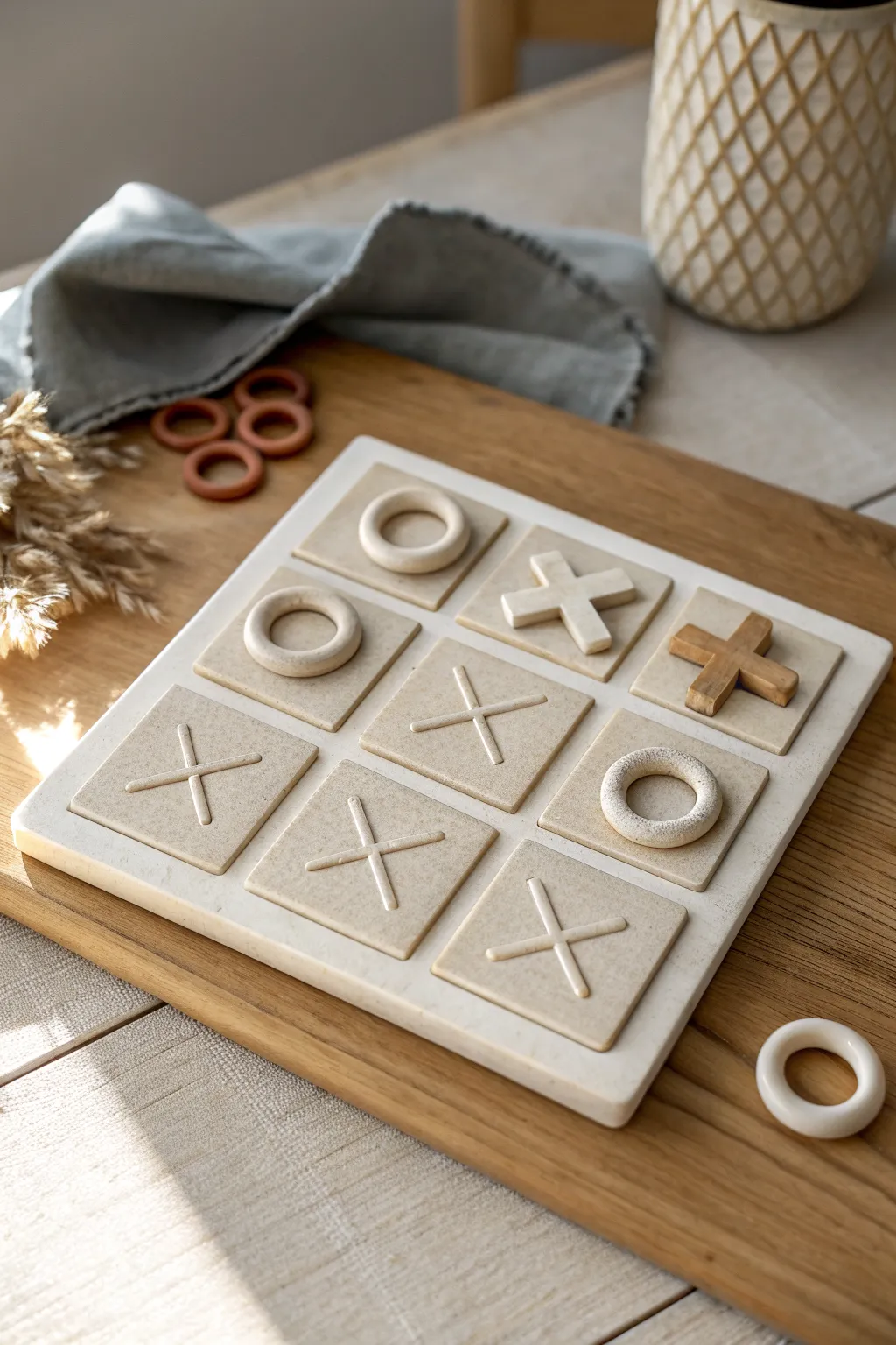 Minimal clay tic-tac-toe set in a tray, simple grid and bold contrast for cozy play.