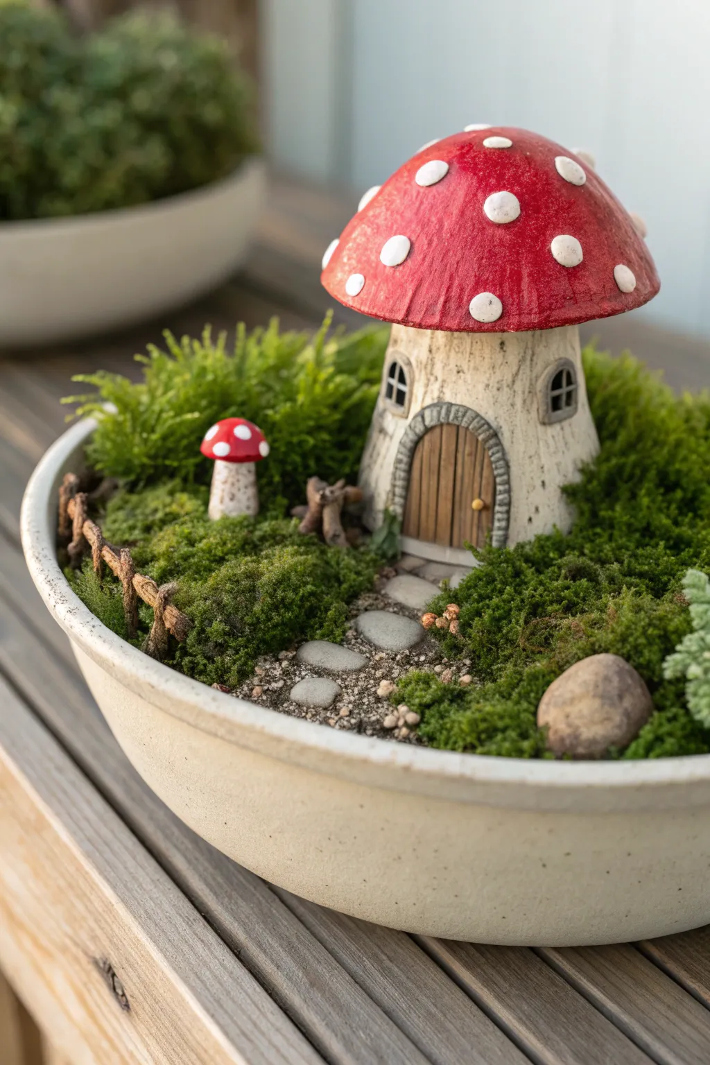 Mini fairy mushroom house in a shallow planter, cozy mossy details for dreamy clay gardens