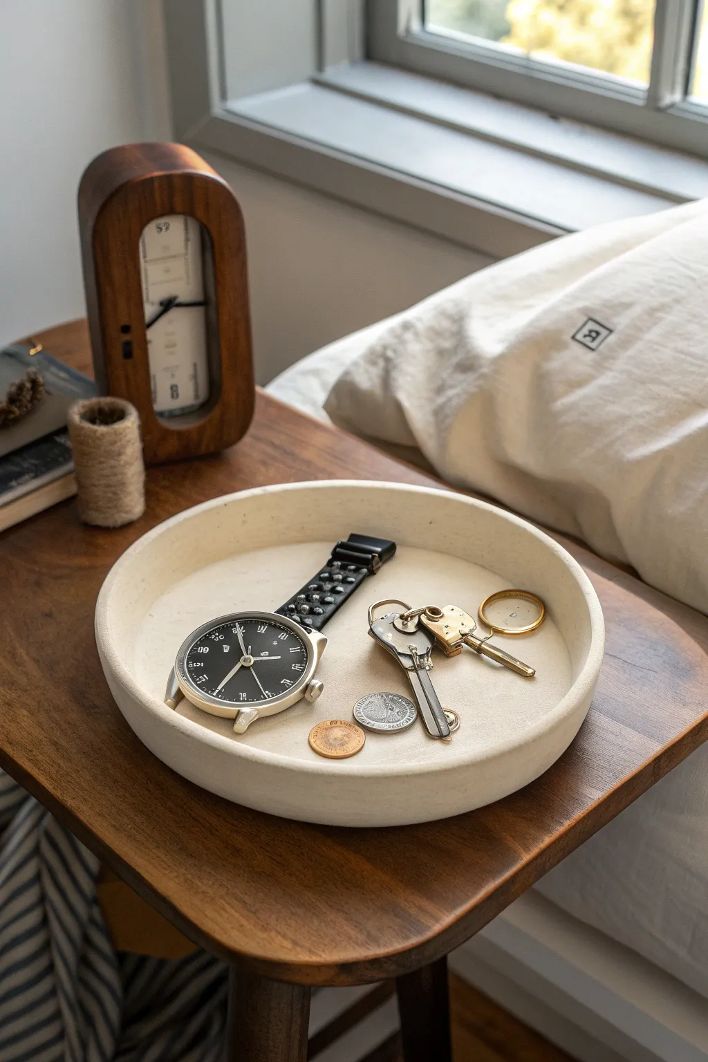 A minimalist clay valet tray keeps his keys and watch in one place with a subtle personal touch.