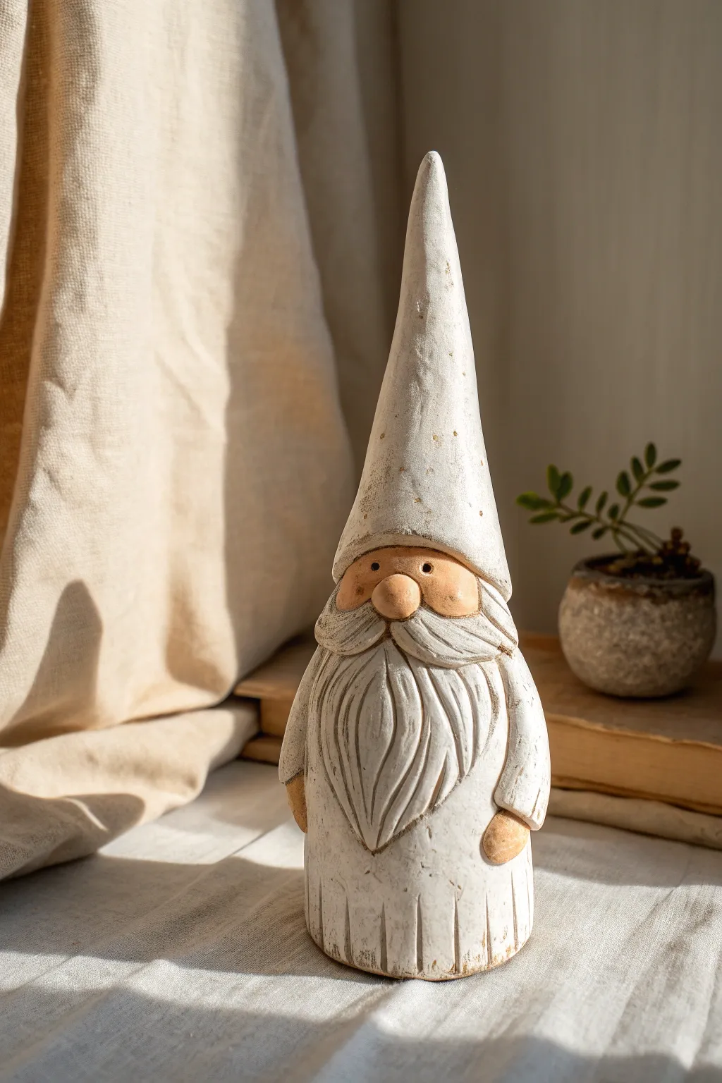 Classic no-face clay gnome with tall hat, round nose, and textured beard in calm neutral tones