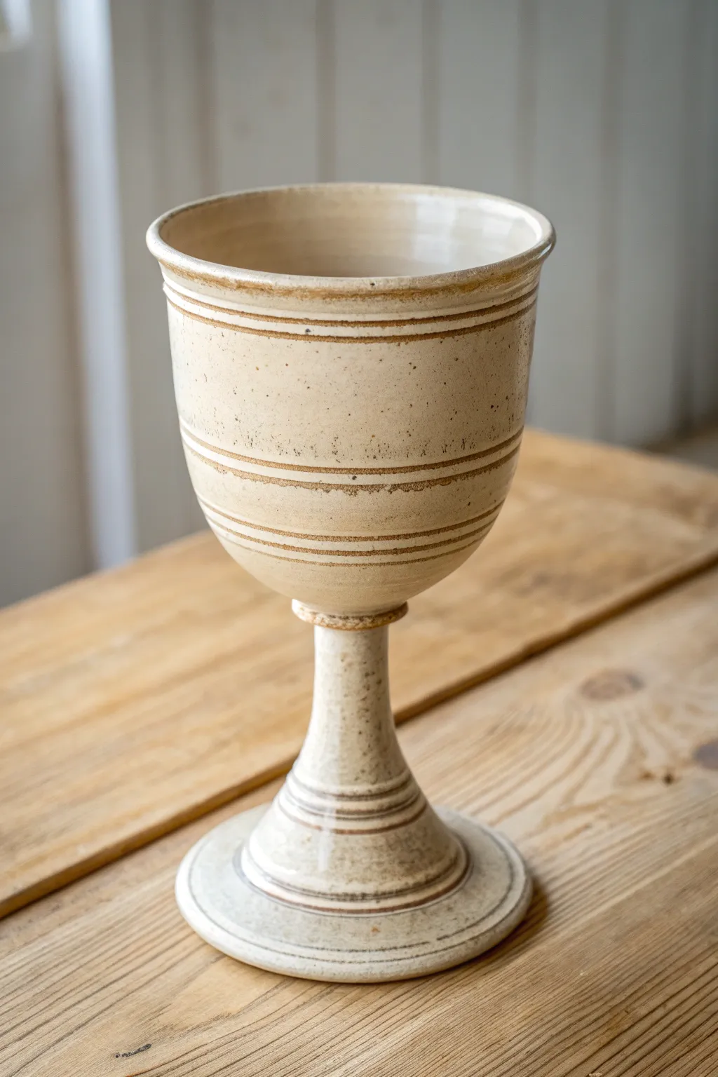 Classic wheel-thrown goblet in soft daylight, simple curves and earthy elegance for your pottery shelf.