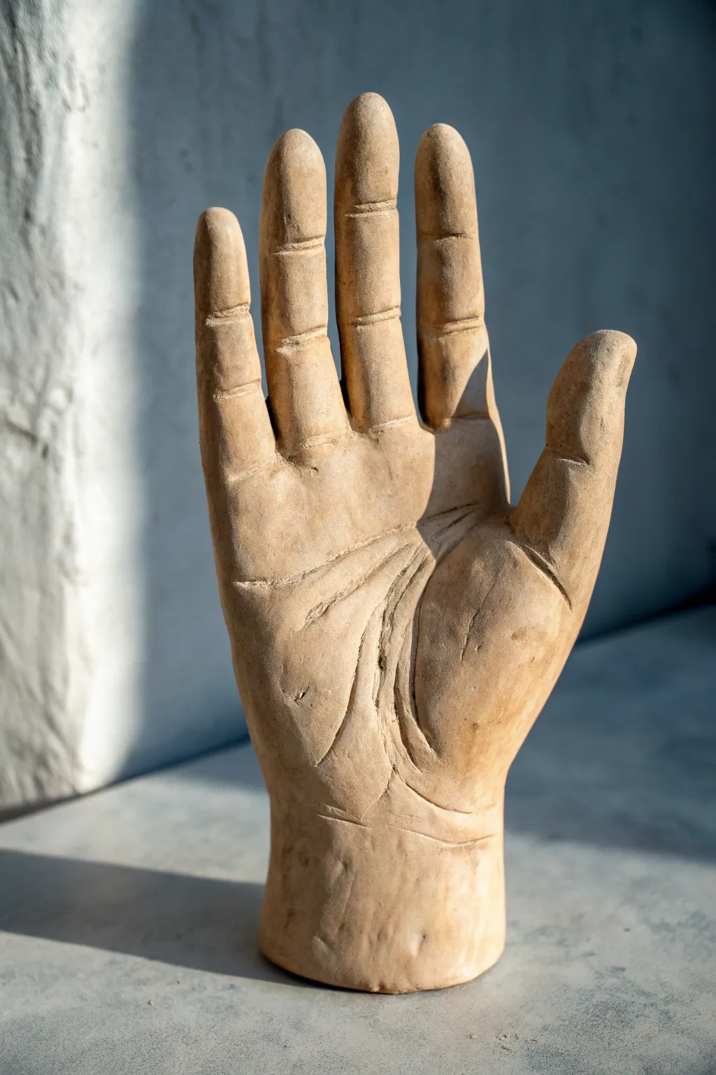 Realistic open palm clay study with soft shadows, perfect for practicing form and anatomy.