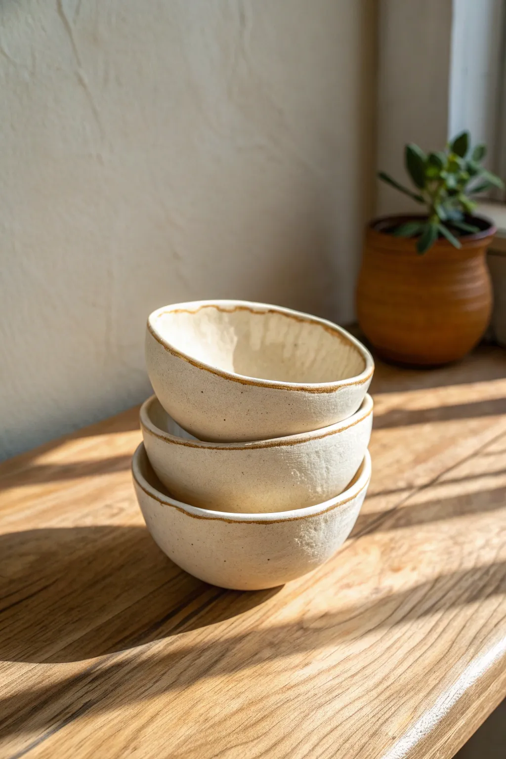 Soft, creamy pinch pot bowls stacked simply—minimal, handmade charm with warm natural contrast.