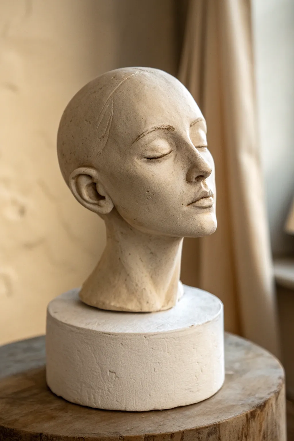 Classic mini clay portrait bust with calm features, minimalist styling, soft light and clean contrast