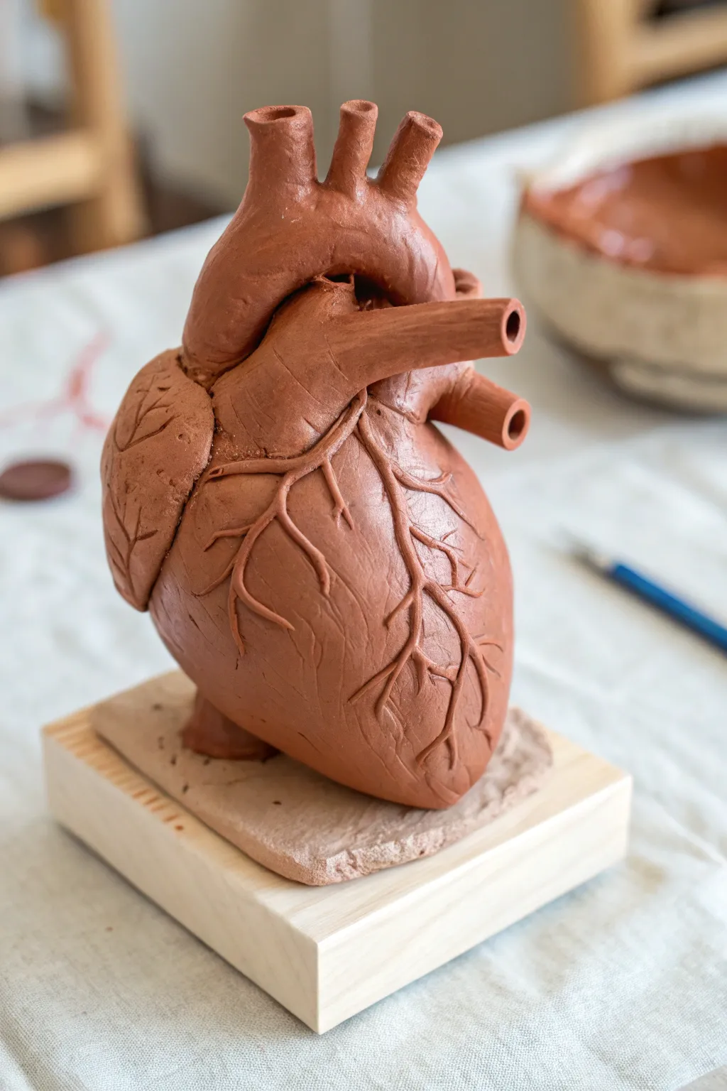 Classic clay anatomical heart model with clean vessels, minimalist base, soft Nordic light.