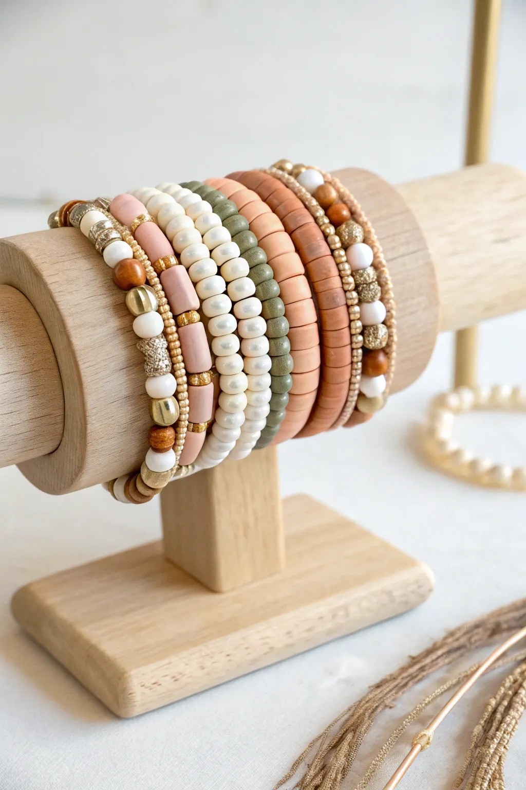 Minimal clay heishi arm party stack: 7 bracelets in soft neutrals with tiny brass accents.