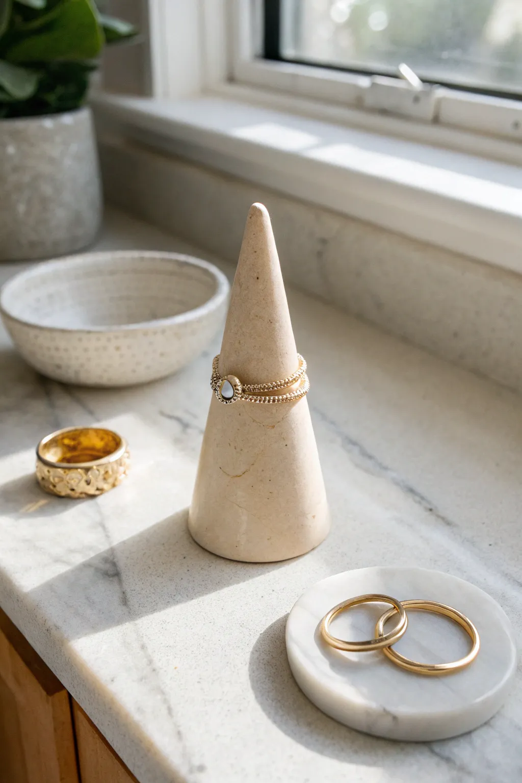 Classic clay ring cone holder in soft neutrals, a simple handmade accent for your vanity