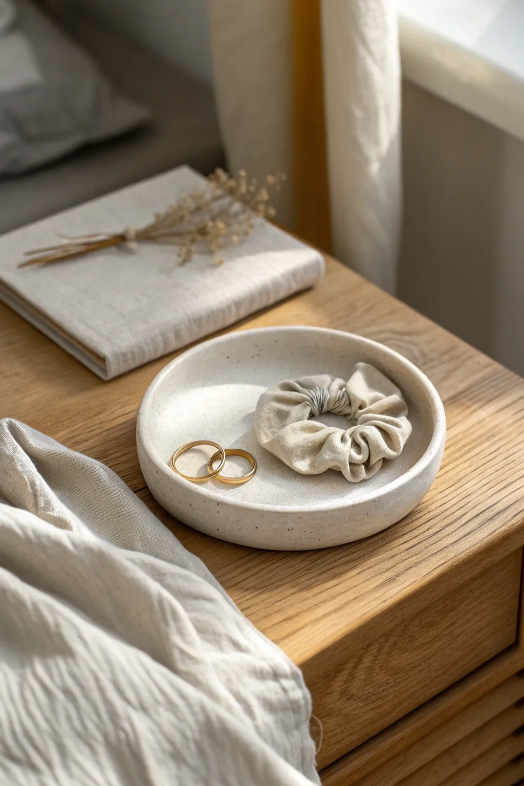 Classic air-dry clay catchall dish for rings and small essentials, styled in soft minimalist decor.