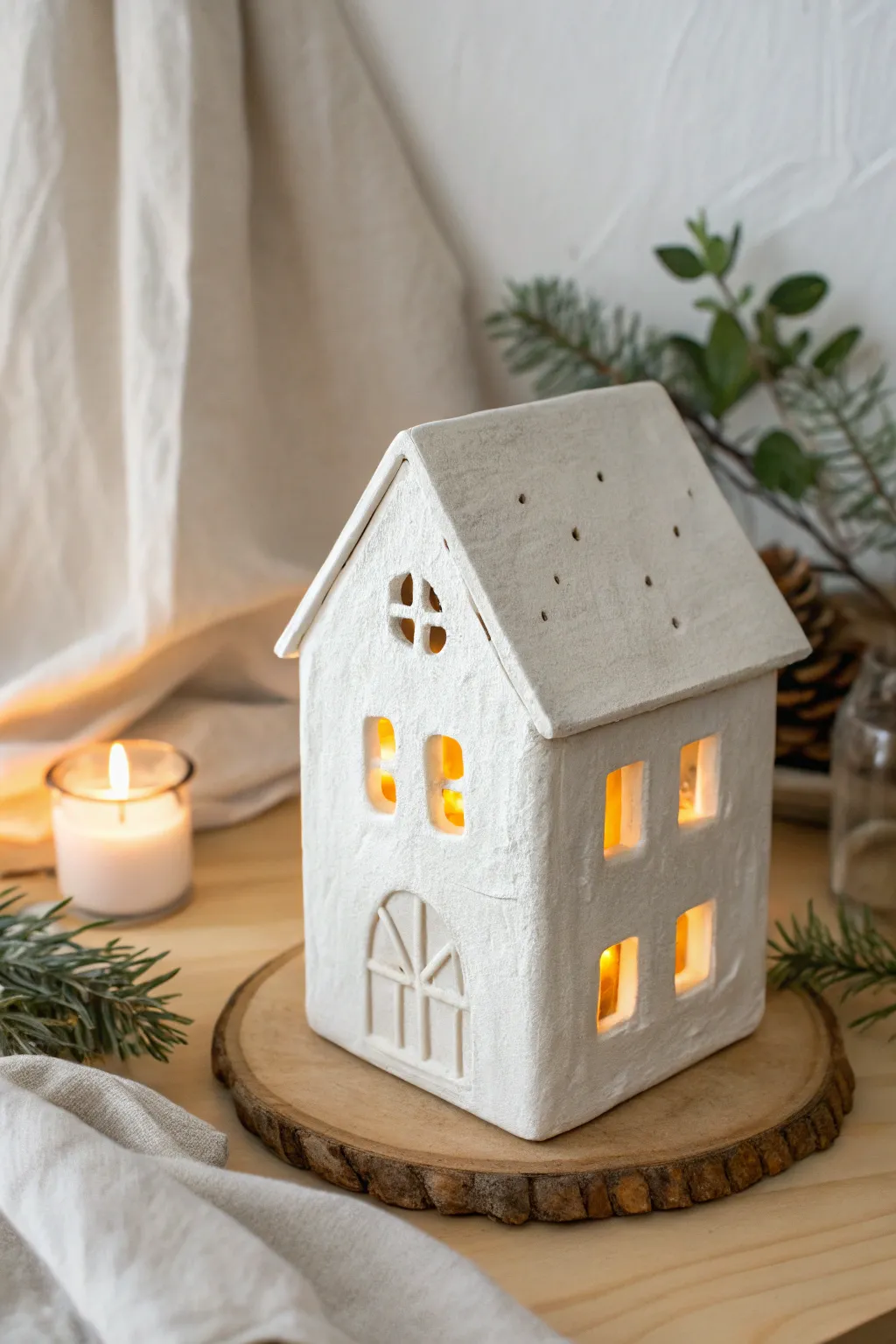 Minimal clay house tealight luminary with a warm glow, Scandinavian calm with boho coziness.