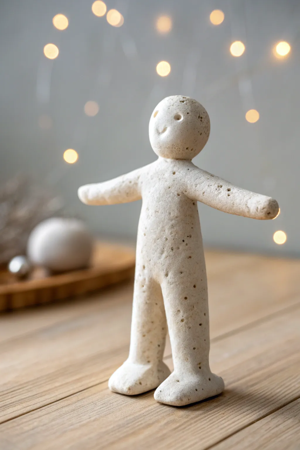 Minimal standing clay figure with oversized feet, calm Scandinavian style and warm wood contrast