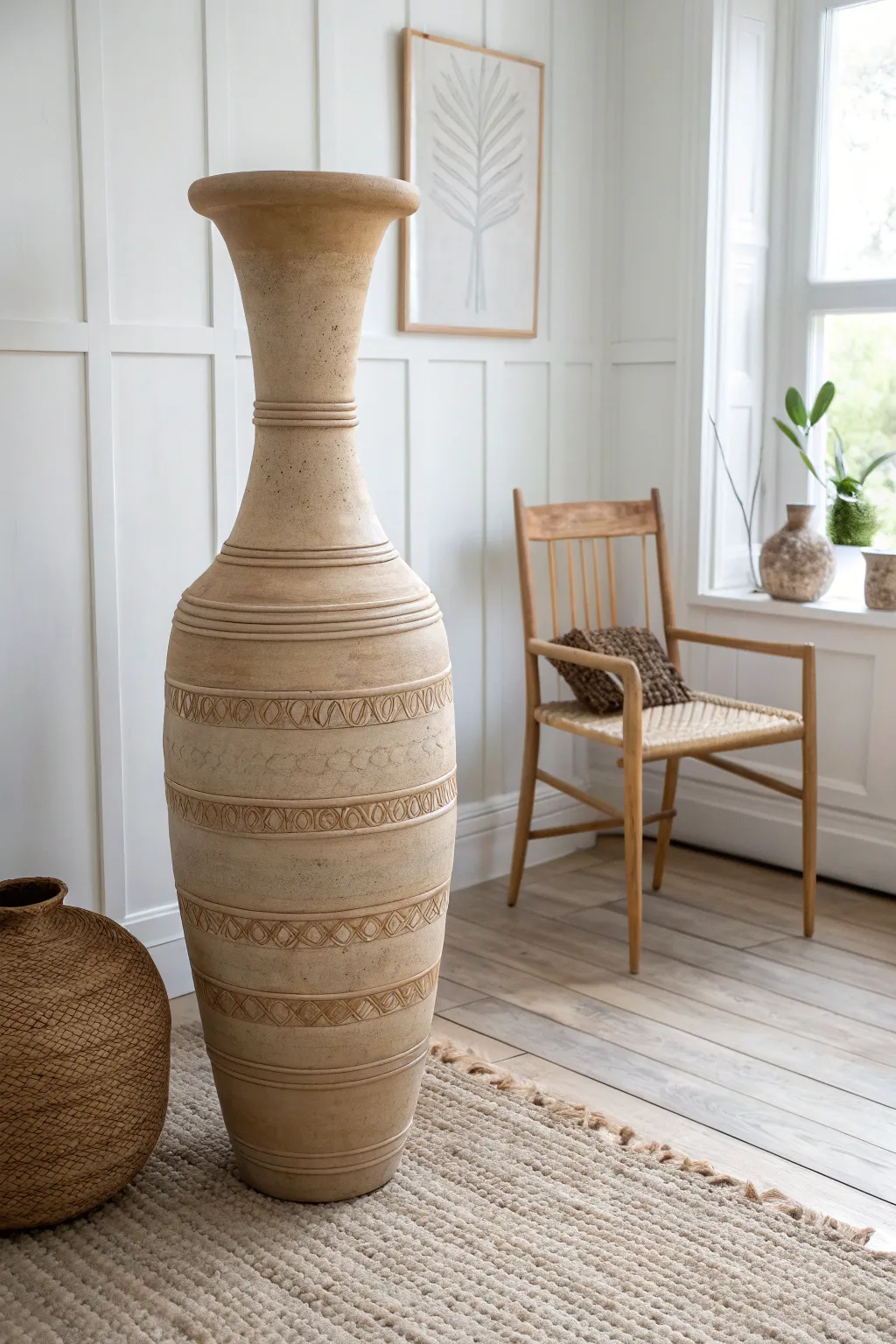 Minimal coil-built floor vase with subtle carving, shown beside a chair for scale.