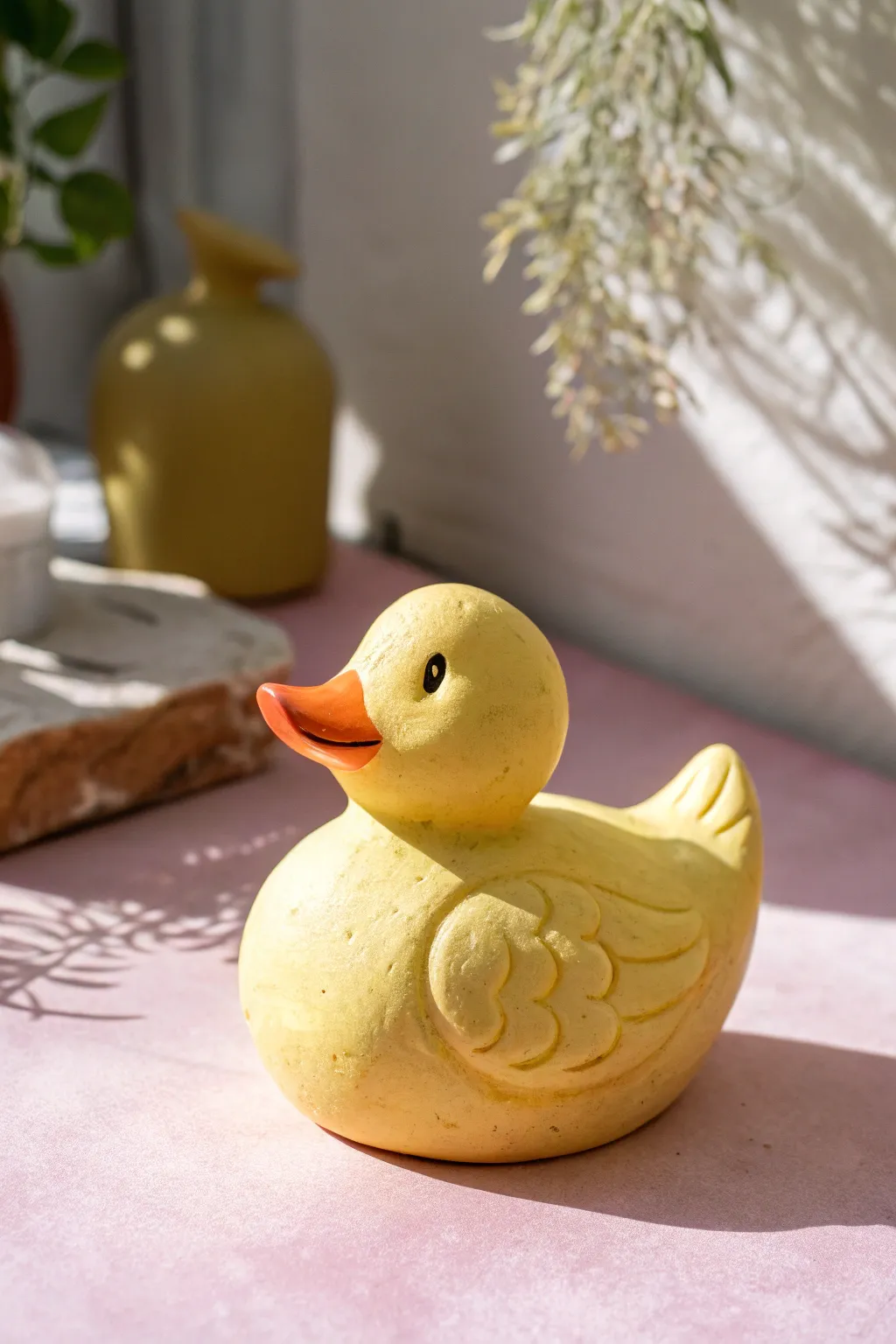 Classic clay rubber duck figurine in sunny yellow, minimalist Scandi styling with a soft boho vibe.