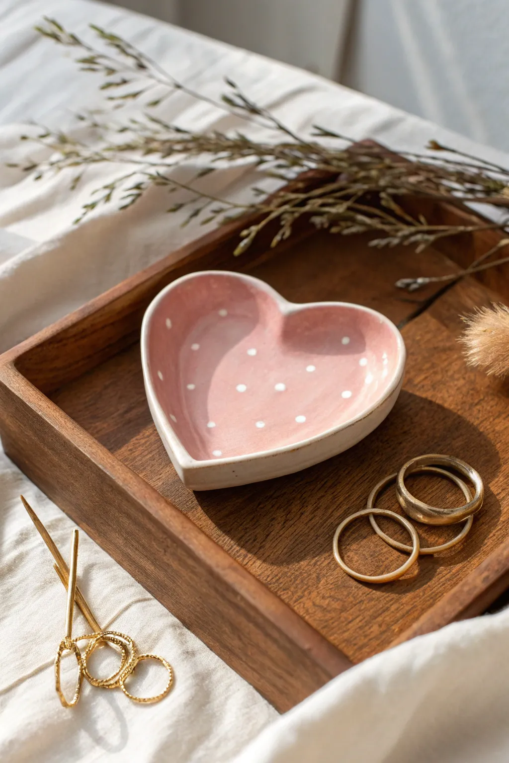 Sweet heart clay trinket dish in blush and cream, perfect for rings and hair clips by bed