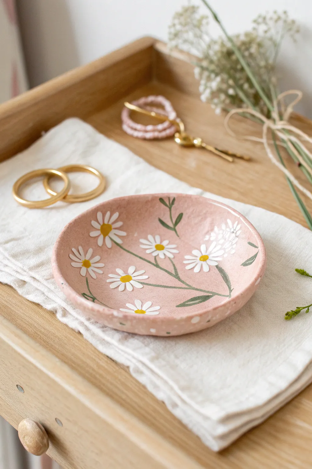 Soft pastel trinket dish for rings and hair ties, minimal boho charm for a teen vanity