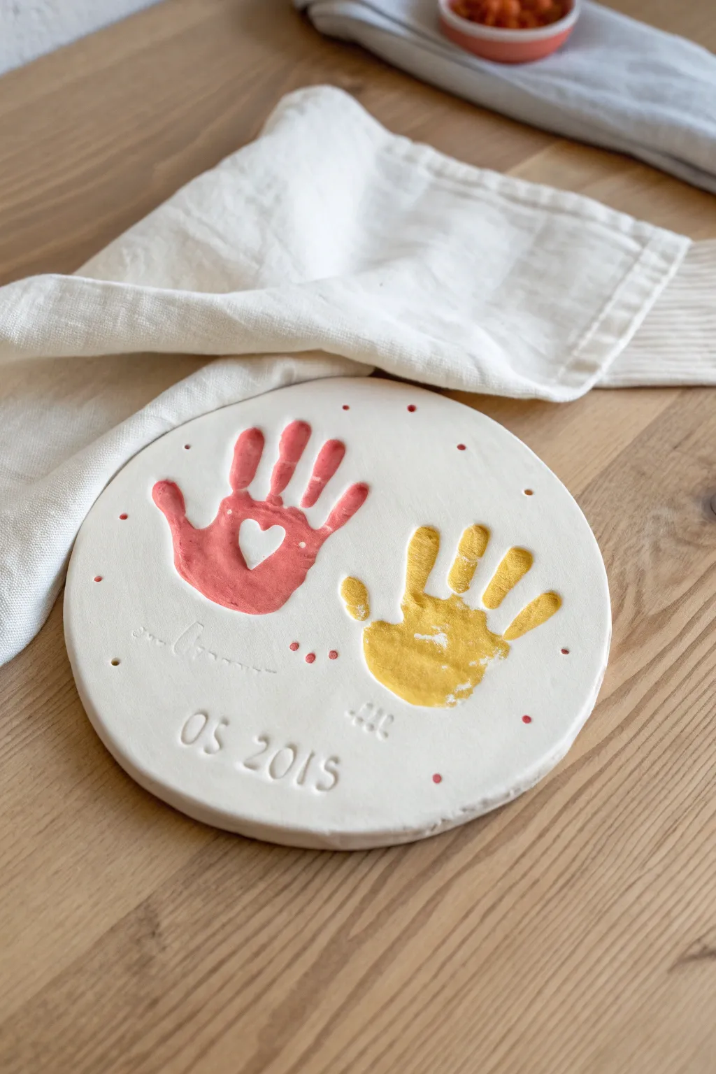 Sweet toddler handprint clay plaque in bright paint, a simple keepsake for tiny memories